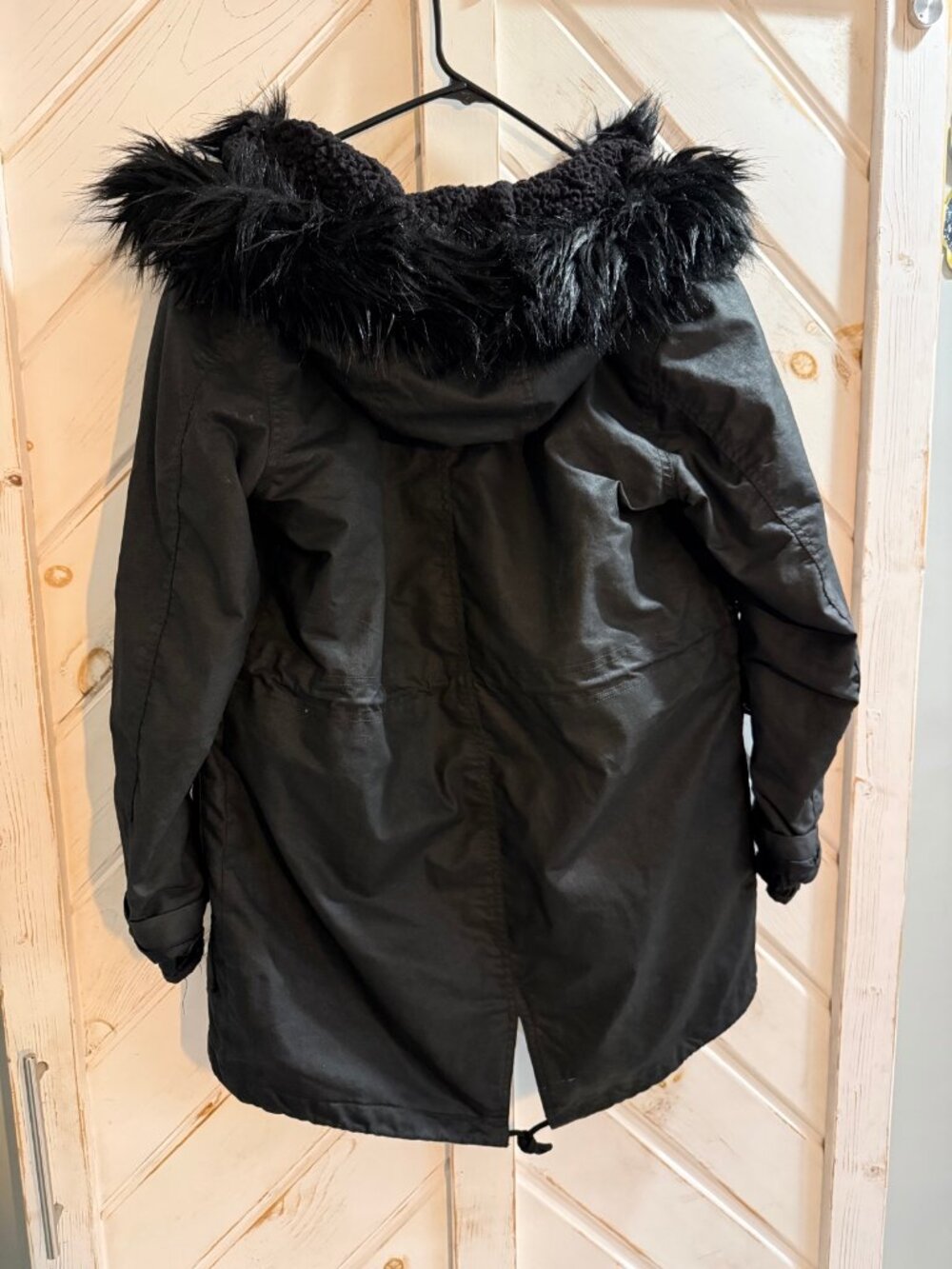American Eagle Black Faux Fur Hood Parka Winter Coat Womens S